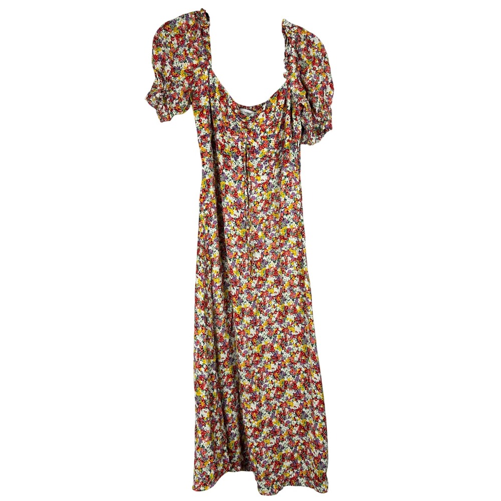 Faithful The Brand Floral Midi Dress Multi Color Puff Sleeve Smocked Back XS‎